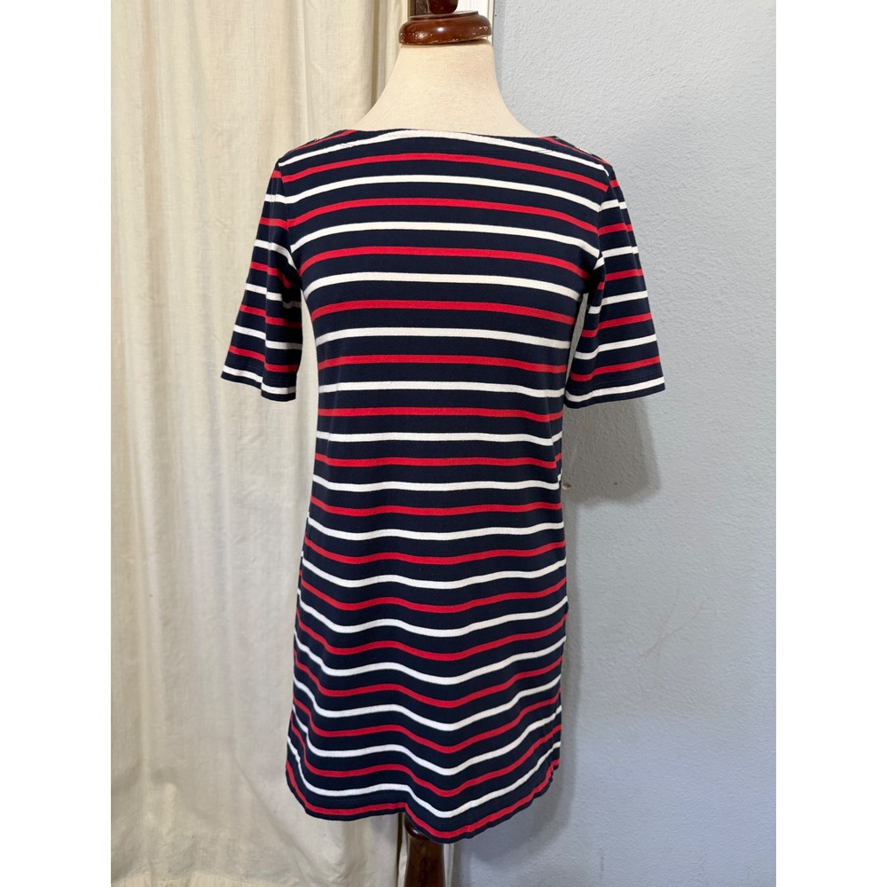 100% Cotton Uniqlo Mini Shirt Dress Sz S Navy Red Striped Boat Neck Short Sleeve